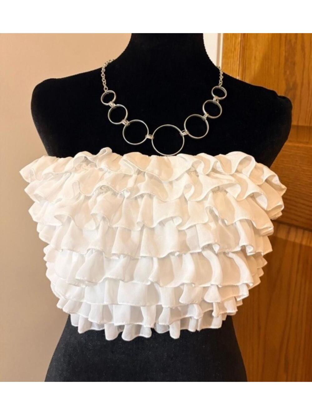 White Ruffled Strapless Crop Top Blouse